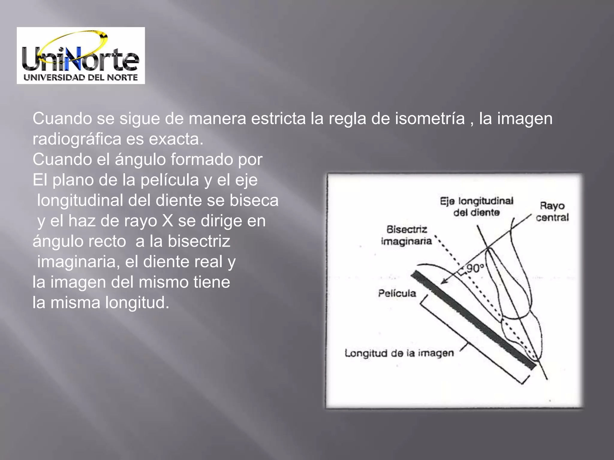 Cuando se sigue de manera estricta la regla de isometría , la imagen
radiográfica es exacta.
Cuando el ángulo formado por
El plano de la película y el eje
 longitudinal del diente se biseca
 y el haz de rayo X se dirige en
ángulo recto a la bisectriz
 imaginaria, el diente real y
la imagen del mismo tiene
la misma longitud.
 