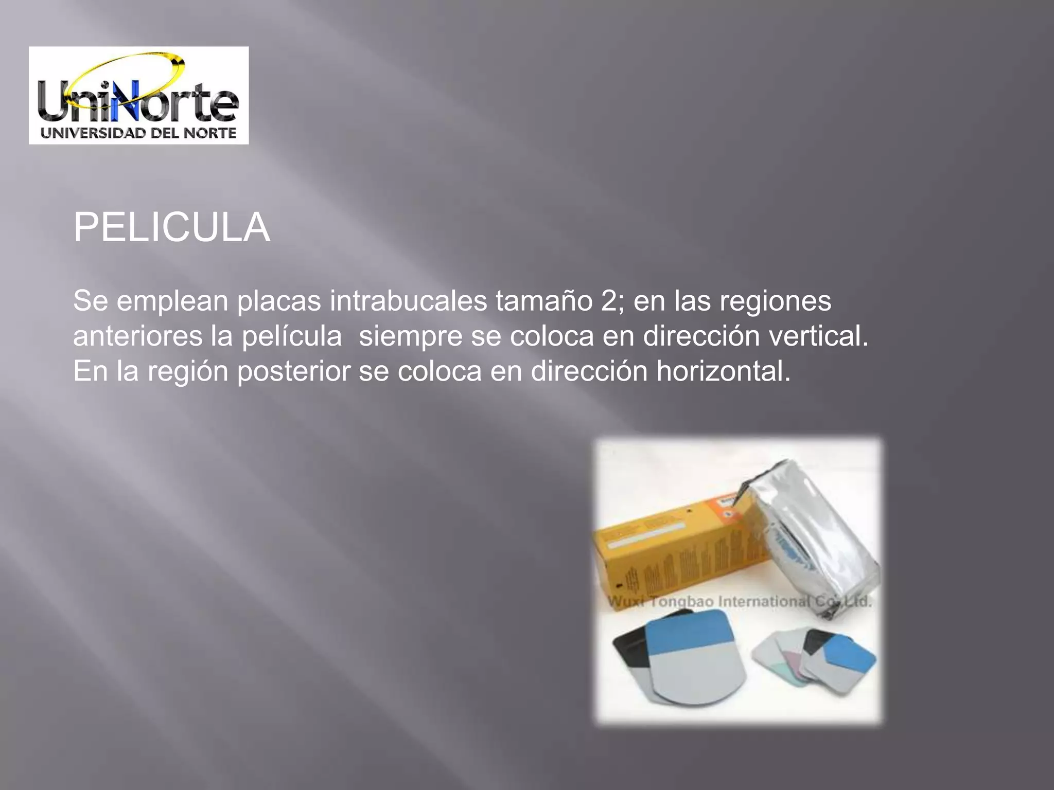 PELICULA
Se emplean placas intrabucales tamaño 2; en las regiones
anteriores la película siempre se coloca en dirección vertical.
En la región posterior se coloca en dirección horizontal.
 