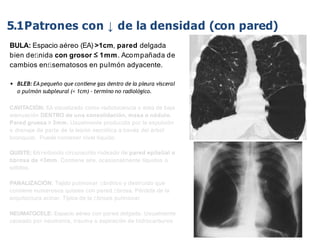 iDESIGN
by HiSlide.io
5.1Patrones con ↓ de la densidad (con pared)
BULA: Espacio aéreo (EA) >1cm, pared delgada
bien deﬁnida con grosor ≤ 1mm. Acompañada de
cambios enﬁsematosos en pulmón adyacente.
• BLEB: EA pequeño que contiene gas dentro de la pleura visceral
o pulmón subpleural (< 1cm) - termino no radiológico.
CAVITACIÓN: EA visualizado como radiolucencia o área de baja
atenuación DENTRO de una consolidación, masa o nódulo.
Pared gruesa > 3mm. Usualmente producida por la expulsión
o drenaje de parte de la lesión necrótica a través del árbol
bronquial. Puede contener nivel líquido.
QUISTE: EA redondo circunscrito rodeado de pared epitelial o
ﬁbrosa de <3mm. Contiene aire, ocasionalmente líquidos o
sólidos.
PANALIZACIÓN: Tejido pulmonar ﬁbrótico y destruído que
contiene numerosos quistes con pared ﬁbrosa. Pérdida de la
arquitectura acinar. Típica de la ﬁbrosis pulmonar.
NEUMATOCELE: Espacio aéreo con pared delgada. Usualmente
causado por neumonía, trauma o aspiración de hidrocarburos
Bula
 
