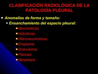 CLASIFICACIÓN RADIOLÓGICA DE LA PATOLOGÍA PLEURAL Anomalías de forma y tamaño: Ensanchamiento del espacio pleural: Neumotórax hidrotórax Hidroneumotórax Empiema Granuloma Fibrosis Neoplasia 