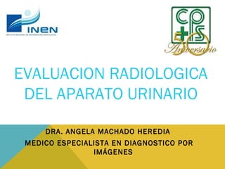 EVALUACION RADIOLOGICA
DEL APARATO URINARIO
DRA. ANGELA MACHADO HEREDIA
MEDICO ESPECIALISTA EN DIAGNOSTICO POR
IMÁGENES
 