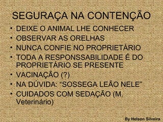 SEGURAÇA NA CONTENÇÃO
• DEIXE O ANIMAL LHE CONHECER
• OBSERVAR AS ORELHAS
• NUNCA CONFIE NO PROPRIETÁRIO
• TODA A RESPONSSABILIDADE É DO
PROPRIETÁRIO SE PRESENTE
• VACINAÇÃO (?)
• NA DÚVIDA: “SOSSEGA LEÃO NELE”
• CUIDADOS COM SEDAÇÃO (M.
Veterinário)
By Helson Silveira
 