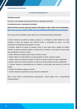 PROCEDIMENTOS PRÁTICOS
Procedimento/Atividade Nº 1
Atividade proposta:
Conhecer a terminologia dos posicionamentos em radiologia veterinária.
Procedimentos para a realização da atividade:
Antes de iniciar sua aula, peço que acesse o link abaixo e veja o vídeo com as instruções:
https://drive.google.com/file/d/1wBNcvb3qcI4soqDSE4pzx6JUfEuSttUU/view?usp=sharing
Para nossa primeira atividade vamos observar as nomenclaturas abaixo atentamente.
1.Caudal: refere-se as partes da cabeça, pescoço ou na direção da parte traseira do corpo.
Também se refere aos aspectos dos membros acima, a articulações do carpo e do tarso,
enfrentando na direção da parte posterior do corpo.
2.Craniana: refere-se as partes do pescoço, tronco e rabo virado para a direção da cabeça.
Também se refere ao aspecto superior ou anterior de um membro ou uma parte do corpo acima
das articulações do carpo e do tarso.
3. Distal: refere-se a qualquer parte, longe do centro do corpo.
4. Dorsal: refere-se a parte traseira ou a parte posterior do corpo; oposto de ventral.
5. Palmar: refere-se ao aspecto posterior ou inferior do membro anterior do carpo, distalmente.
6. Plantar: refere-se ao aspecto posterior ou inferior do membro anterior do tarso, distalmente.
7. Proximal: refere-se à extremidade de um membro ou outra parte mais próximo ao ponto de
fixação.
8. Rostral: em direção a cabeça ou focinho.
9. Ventral: refere-se à superfície do corpo esternal ou abdominal
Agora vamos testar os conhecimentos preenchendo a figura abaixo com a nomenclaturas
correspondentes:
3
 