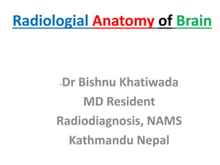 Radiologial Anatomy of Brain
-Dr Bishnu Khatiwada
MD Resident
Radiodiagnosis, NAMS
Kathmandu Nepal
 