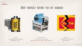 ©lucienengelen
Uber yourself Before you get kodaked
1996
140.000 employees
$28 Billion
INVENTED
the digital camera
Decided was NOT their core
2012
17.000 employees
Bankrupt
 