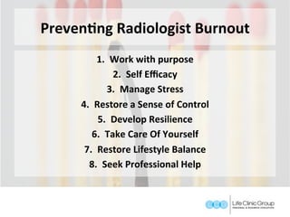 PrevenCng	Radiologist	Burnout	
1.  Work	with	purpose	
2.  Self	Eﬃcacy	
3.  Manage	Stress	
4.  Restore	a	Sense	of	Control		
5.  Develop	Resilience	
6.  Take	Care	Of	Yourself	
7.  Restore	Lifestyle	Balance	
8.  Seek	Professional	Help		
 