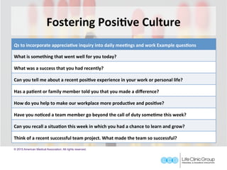 Fostering	PosiCve	Culture	
Qs	to	incorporate	appreciaCve	inquiry	into	daily	meeCngs	and	work	Example	quesCons
What	is	something	that	went	well	for	you	today?
What	was	a	success	that	you	had	recently?
Can	you	tell	me	about	a	recent	posiCve	experience	in	your	work	or	personal	life?
Has	a	paCent	or	family	member	told	you	that	you	made	a	diﬀerence?
How	do	you	help	to	make	our	workplace	more	producCve	and	posiCve?
Have	you	noCced	a	team	member	go	beyond	the	call	of	duty	someCme	this	week?
Can	you	recall	a	situaCon	this	week	in	which	you	had	a	chance	to	learn	and	grow?
Think	of	a	recent	successful	team	project.	What	made	the	team	so	successful?
© 2015 American Medical Association. All rights reserved.
 