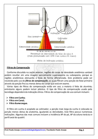 Prof. Paulo Araujo / psnsaradiologia@gmail.com / Facebook: Paulo Araujo Pág. 4
Filtros de Compensação
Conforme discutido na seção anterior, regiões do corpo de densidade anatômica variável
podem resultar em uma imagem parcialmente superexposta ou subexposta, porque as
regiões anatômicas atenuarão o feixe de forma diferenciada. Este problema pode ser
resolvido pelo uso de filtros de compensação, os quais filtram uma porção do feixe primário
através da porção fina ou menos densa do corpo que está em exame.
Vários tipos de filtros de compensação estão em uso; a maioria é feita de alumínio;
entretanto alguns podem incluir plástico. O tipo de filtro de compensação usado pelo
tecnólogo dependerá da indicação clínica. Filtros de compensação de uso comum incluem:
 Filtro em Cunha;
 Filtro em Canal;
 Filtro Bumerangue.
O filtro em cunha é acoplado ao colimador; a porção mais larga da cunha é colocada na
porção menos densa da anatomia, igualando as densidades. Este filtro possui numerosas
indicações. Algumas das mais comuns incluem a incidência AP do pé, AP da coluna torácica e
perfil axial do quadril.
 