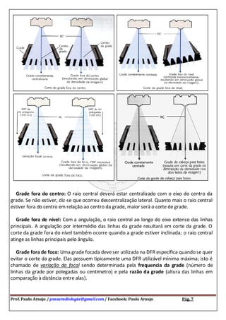 Prof. Paulo Araujo / psnsaradiologia@gmail.com / Facebook: Paulo Araujo Pág. 7
Grade fora do centro: O raio central deverá estar centralizado com o eixo do centro da
grade. Se não estiver, diz-se que ocorreu descentralização lateral. Quanto mais o raio central
estiver fora do centro em relação ao centro da grade, maior será o corte de grade.
Grade fora de nível: Com a angulação, o raio central ao longo do eixo extenso das linhas
principais. A angulação por intermédio das linhas da grade resultará em corte da grade. O
corte da grade fora do nível também ocorre quando a grade estiver inclinada; o raio central
atinge as linhas principais pelo ângulo.
Grade fora de foco: Uma grade focada deveser utilizada na DFR específica quando se quer
evitar o corte da grade. Elas possuem tipicamente uma DFR utilizável mínima máxima; isto é
chamado de variação da focal sendo determinada pela frequencia da grade (número de
linhas da grade por polegadas ou centímetro) e pela razão da grade (altura das linhas em
comparação à distância entre alas).
 