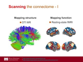 13
Scanning the connectome - I
Mapping structure
 DTI MR
Mapping function
 Resting-state fMRI
1 http://www.dynamic-connectome.org
2 http://www.meduniwien.ac.at/fmri/research/functional-mri/
 