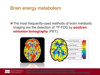 30
 The most frequently-used methods of brain metabolic
imaging are the detection of 18F-FDG by positron
emission tomography (PET);
Brain energy metabolism
1 https://www.ncbi.nlm.nih.gov/pmc/articles/PMC3900881/figure/F1/
2 https://issuu.com/gfbertini/docs/brain_imaging_studies_of_intelligence_and_creativi/8
 