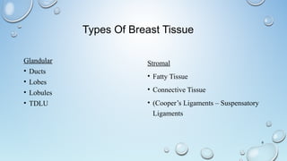 Types Of Breast Tissue
Glandular
• Ducts
• Lobes
• Lobules
• TDLU
Stromal
• Fatty Tissue
• Connective Tissue
• (Cooper’s Ligaments – Suspensatory
Ligaments
8
 