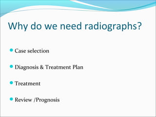 Why do we need radiographs?
Case selection
Diagnosis & Treatment Plan
Treatment
Review /Prognosis
 