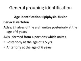 General grouping identification
Age identification: Epiphysial fusion
Cervical vertebra
Atlas: 2 halves of the arch unites posteriorly at the
age of 6 years
Axis : formed from 4 portions which unites
• Posteriorly at the age of 1.5 yrs
• Anteriorly at the age of 6 years
 
