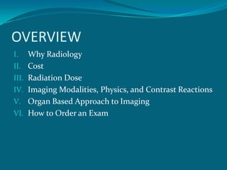 OVERVIEW
I.     Why Radiology
II.    Cost
III.   Radiation Dose
IV.    Imaging Modalities, Physics, and Contrast Reactions
V.     Organ Based Approach to Imaging
VI.    How to Order an Exam
 
