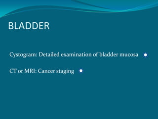 BLADDER

Cystogram: Detailed examination of bladder mucosa

CT or MRI: Cancer staging
 