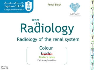 Radiology
Team 437
Radiology
Radiology of the renal system
Team
437
Colour
Code
Important
Doctor’s notes
Extra explanation
Renal Block
 