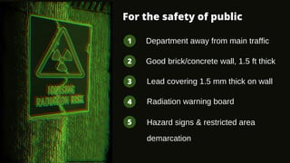 Department away from main traffic
1
Good brick/concrete wall, 1.5 ft thick
2
Hazard signs & restricted area
demarcation
4
Lead covering 1.5 mm thick on wall
3
Radiation warning board
5
For the safety of public
 