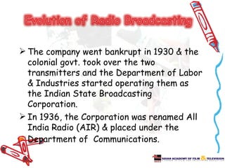  The company went bankrupt in 1930 & the
  colonial govt. took over the two
  transmitters and the Department of Labor
  & Industries started operating them as
  the Indian State Broadcasting
  Corporation.
 In 1936, the Corporation was renamed All
  India Radio (AIR) & placed under the
  Department of Communications.
 