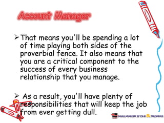  That means you'll be spending a lot
  of time playing both sides of the
  proverbial fence. It also means that
  you are a critical component to the
  success of every business
  relationship that you manage.

 As a result, you'll have plenty of
 responsibilities that will keep the job
 from ever getting dull.
 