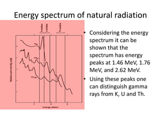 Energy spectrum of natural radiation
• Considering the energy
spectrum it can be
shown that the
spectrum has energy
peaks at 1.46 MeV, 1.76
MeV, and 2.62 MeV.
• Using these peaks one
can distinguish gamma
rays from K, U and Th.
 