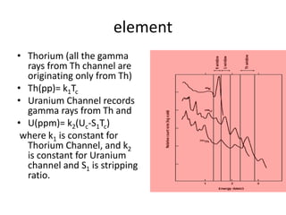 element
• Thorium (all the gamma
rays from Th channel are
originating only from Th)
• Th(pp)= k1Tc
• Uranium Channel records
gamma rays from Th and
• U(ppm)= k2(Uc-S1Tc)
where k1 is constant for
Thorium Channel, and k2
is constant for Uranium
channel and S1 is stripping
ratio.
 