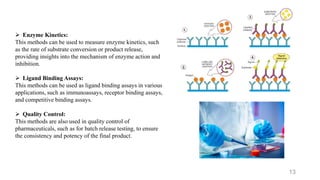  Enzyme Kinetics:
This methods can be used to measure enzyme kinetics, such
as the rate of substrate conversion or product release,
providing insights into the mechanism of enzyme action and
inhibition.
 Ligand Binding Assays:
This methods can be used as ligand binding assays in various
applications, such as immunoassays, receptor binding assays,
and competitive binding assays.
 Quality Control:
This methods are also used in quality control of
pharmaceuticals, such as for batch release testing, to ensure
the consistency and potency of the final product.
13
 