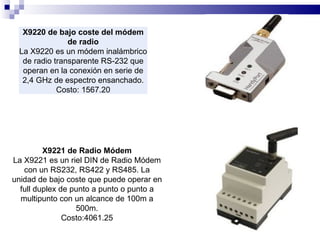X9220 de bajo coste del módem de radio La X9220 es un módem inalámbrico de radio transparente RS-232 que operan en la conexión en serie de 2,4 GHz de espectro ensanchado. Costo: 1567.20 X9221 de Radio Módem La X9221 es un riel DIN de Radio Módem con un RS232, RS422 y RS485. La unidad de bajo coste que puede operar en full duplex de punto a punto o punto a multipunto con un alcance de 100m a 500m. Costo:4061.25 