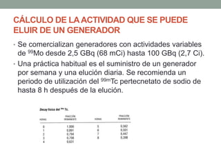 CÁLCULO DE LAACTIVIDAD QUE SE PUEDE
ELUIR DE UN GENERADOR
• Se comercializan generadores con actividades variables
de 99Mo desde 2,5 GBq (68 mCi) hasta 100 GBq (2,7 Ci).
• Una práctica habitual es el suministro de un generador
por semana y una elución diaria. Se recomienda un
periodo de utilización del 99mTc pertecnetato de sodio de
hasta 8 h después de la elución.
 