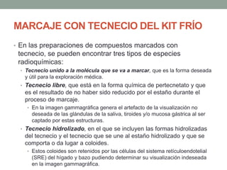 MARCAJE CON TECNECIO DEL KIT FRÍO
• En las preparaciones de compuestos marcados con
tecnecio, se pueden encontrar tres tipos de especies
radioquímicas:
• Tecnecio unido a la molécula que se va a marcar, que es la forma deseada
y útil para la exploración médica.
• Tecnecio libre, que está en la forma química de pertecnetato y que
es el resultado de no haber sido reducido por el estaño durante el
proceso de marcaje.
• En la imagen gammagráfica genera el artefacto de la visualización no
deseada de las glándulas de la saliva, tiroides y/o mucosa gástrica al ser
captado por estas estructuras.
• Tecnecio hidrolizado, en el que se incluyen las formas hidrolizadas
del tecnecio y el tecnecio que se une al estaño hidrolizado y que se
comporta o da lugar a coloides.
• Estos coloides son retenidos por las células del sistema retículoendotelial
(SRE) del hígado y bazo pudiendo determinar su visualización indeseada
en la imagen gammagráfica.
 