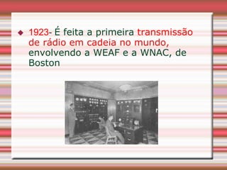    1923- É feita a primeira transmissão
    de rádio em cadeia no mundo,
    envolvendo a WEAF e a WNAC, de
    Boston
 