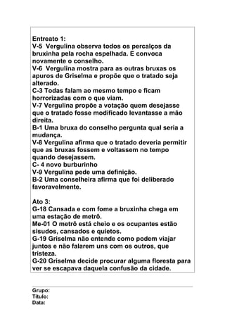 Entreato 1:
V-5 Vergulina observa todos os percalços da
bruxinha pela rocha espelhada. E convoca
novamente o conselho.
V-6 Vergulina mostra para as outras bruxas os
apuros de Griselma e propõe que o tratado seja
alterado.
C-3 Todas falam ao mesmo tempo e ficam
horrorizadas com o que viam.
V-7 Vergulina propõe a votação quem desejasse
que o tratado fosse modificado levantasse a mão
direita.
B-1 Uma bruxa do conselho pergunta qual seria a
mudança.
V-8 Vergulina afirma que o tratado deveria permitir
que as bruxas fossem e voltassem no tempo
quando desejassem.
C- 4 novo burburinho
V-9 Vergulina pede uma definição.
B-2 Uma conselheira afirma que foi deliberado
favoravelmente.
Ato 3:
G-18 Cansada e com fome a bruxinha chega em
uma estação de metrô.
Me-01 O metrô está cheio e os ocupantes estão
sisudos, cansados e quietos.
G-19 Griselma não entende como podem viajar
juntos e não falarem uns com os outros, que
tristeza.
G-20 Griselma decide procurar alguma floresta para
ver se escapava daquela confusão da cidade.
Grupo:
Título:
Data:
 