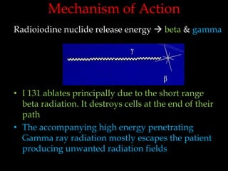 Mechanism of Action
Radioiodine nuclide release energy  beta & gamma

• I 131 ablates principally due to the short range
beta radiation. It destroys cells at the end of their
path
• The accompanying high energy penetrating
Gamma ray radiation mostly escapes the patient
producing unwanted radiation fields

 