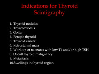 Indications for Thyroid
Scintigraphy
1. Thyroid nodules
2. Thyrotoxicosis
3. Goiter
4. Ectopic thyroid
5. Thyroid cancer
6. Retrosternal mass
7. Work up of neonates with low T4 and/or high TSH
8. Occult thyroid malignancy
9. Metastasis
10.Swellings in thyroid region

 