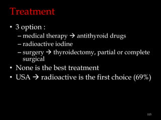 Treatment
• 3 option :
– medical therapy  antithyroid drugs
– radioactive iodine
– surgery  thyroidectomy, partial or complete
surgical

• None is the best treatment
• USA  radioactive is the first choice (69%)

115

 