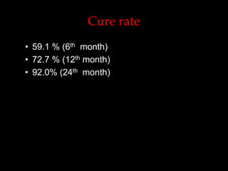 Cure rate
• 59.1 % (6th month)
• 72.7 % (12th month)
• 92.0% (24th month)

 