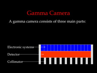 Gamma Camera
A gamma camera consists of three main parts:

Electronic systems
Detector
Collimator

 
