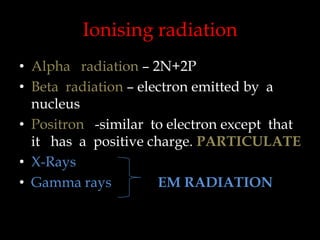Ionising radiation
• Alpha radiation – 2N+2P
• Beta radiation – electron emitted by a
nucleus
• Positron -similar to electron except that
it has a positive charge. PARTICULATE
• X-Rays
• Gamma rays
EM RADIATION

 
