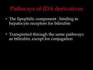 Pathways of IDA derivatives
• The lipophilic component : binding to
hepatocyte receptors for bilirubin
• Transported through the same pathways
as bilirubin, except for conjugation

 