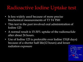 Radioactive Iodine Uptake test
• Is less widely used because of more precise
biochemical measurements of T3 T4 TSH
• This test in the past involved oral administration of
Iodine 123
• A normal result is 15-30% uptake of the radionuclide
after about 24 hours.
• Use of Iodine 123 is preferable over Iodine 131(8 days)
because of a shorter half life(12 hours) and lesser
radiation exposure

 