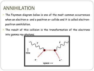 ANNIHILATION
 The Feynman diagram below is one of the most common occurrences
when an electron e- and a positron e+ collide and it is called electron-
positron annihilation.
 The result of this collision is the transformation of the electrons
into gamma ray photons.
 