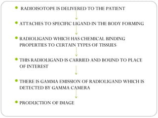  RADIOISOTOPE IS DELIVERED TO THE PATIENT
ATTACHES TO SPECIFIC LIGAND IN THE BODY FORMING
RADIOLIGAND WHICH HAS CHEMICAL BINDING
PROPERTIES TO CERTAIN TYPES OF TISSUES
THIS RADIOLIGAND IS CARRIED AND BOUND TO PLACE
OF INTEREST
THERE IS GAMMA EMISSION OF RADIOLIGAND WHICH IS
DETECTED BY GAMMA CAMERA
PRODUCTION OF IMAGE
 