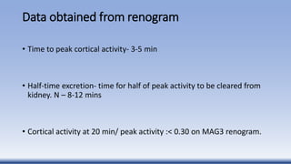 Data obtained from renogram
• Time to peak cortical activity- 3-5 min
• Half-time excretion- time for half of peak activity to be cleared from
kidney. N – 8-12 mins
• Cortical activity at 20 min/ peak activity :< 0.30 on MAG3 renogram.
 