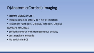 D)Anatomic(Cortical) Imaging
• (Tc99m DMSA or GH )
• Images obtained after 2 to 4 hrs of injection
• Posterior/ right post. Oblique/ left post. Oblique
NORMAL FINDINGS
• Smooth contour with Homogeneous activity
• Less uptake in medulla
• No activity in PCS
 