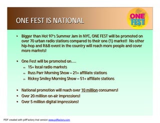 ONE FEST IS NATIONAL
           • Bigger than Hot 97’s Summer Jam in NYC, ONE FEST will be promoted on
             over 70 urban radio stations compared to their one (1) market! No other
             hip-hop and R&B event in the country will reach more people and cover
             more markets!

           • One Fest will be promoted on…..
              m 15+ local radio markets

              m Russ Parr Morning Show – 21+ affiliate stations

              m Rickey Smiley Morning Show – 51+ affiliate stations




           •    National promotion will reach over 10 million consumers!
           •    Over 20 million on-air impressions!
           •    Over 5 million digital impressions!



PDF created with pdfFactory trial version www.pdffactory.com
 
