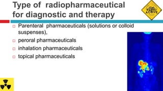 Type of radiopharmaceutical
for diagnostic and therapy
 Parenteral pharmaceuticals (solutions or colloid
suspenses),
 peroral pharmaceuticals
 inhalation pharmaceuticals
 topical pharmaceuticals
 