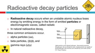 Radioactive decay particles
 Radioactive decay occurs when an unstable atomic nucleus loses
energy by emitting energy in the form of emitted particles or
electromagnetic waves, called radiation.
 In natural radioactive decay,
three common emissions occur.
 alpha particles (αα),
 beta particles, (β)(β), and
 gamma rays (γ)(γ)
 