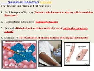 Applications of Radioisotopes :( GTU imp)
17
They find use in medicine in 4 different ways:
1. Radioisotopes in Therapy (Emitted radiations used to destroy cells in condition
like cancer)
2. Radioisotopes in Diagnosis (Radioactive tracers)
3. Research (Biological and medicinal studies by use of radioactive isotopes as
tracers)
4. Sterilization (For sterilization of pharmaceuticals and surgical instruments)
 
