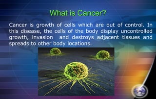 What is Cancer?
Cancer is growth of cells which are out of control. In
this disease, the cells of the body display uncontrolled
growth, invasion and destroys adjacent tissues and
spreads to other body locations.
 