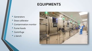 EQUIPMENTS
• Generators
• Dose calibrator
• Contamination monitor
• Fume hoods
• Centrifuge
• L bench
 